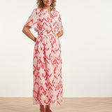 Vestido Maxi com Estampado Azteca em Ziguezague Rosa e Branco | Red - Pink