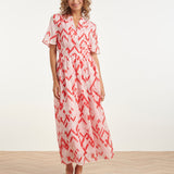 Vestido Maxi com Estampado Azteca em Ziguezague Rosa e Branco | Red - Pink