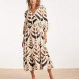 Vestido Maxi de Cruzado com Estampado Azteca Gráfico | Sand - Multicolor