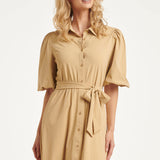 Vestido Midi Abotoado em Tecido Travel Luxuoso com Stretch | Dark Sand