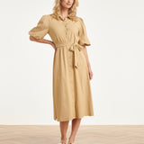 Vestido Midi Abotoado em Tecido Travel Luxuoso com Stretch | Dark Sand