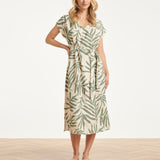 Midi Jurk Met Groene Bladprint En Ceintuur | Jade - Off White