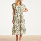 Midi Jurk Met Groene Bladprint En Ceintuur | Jade - Off White