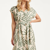 Midi Jurk Met Groene Bladprint En Ceintuur | Jade - Off White