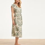 Midi Jurk Met Groene Bladprint En Ceintuur | Jade - Off White
