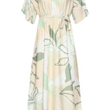 Midi Jurk Met Groene En Beige Bladprint En Ceintuur | Soft Green - Muticolour