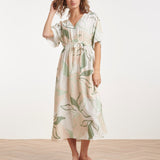 Midi Jurk Met Groene En Beige Bladprint En Ceintuur | Soft Green - Muticolour
