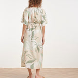 Midi Jurk Met Groene En Beige Bladprint En Ceintuur | Soft Green - Muticolour