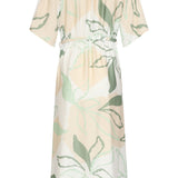 Midi Jurk Met Groene En Beige Bladprint En Ceintuur | Soft Green - Muticolour