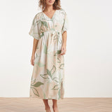 Midi Jurk Met Groene En Beige Bladprint En Ceintuur | Soft Green - Muticolour