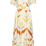 Vestido Midi com Decote V e Estampado Azteca a Laranja | White - Yellow