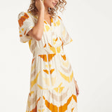 Vestido Midi com Decote V e Estampado Azteca a Laranja | White - Yellow