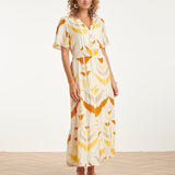 Vestido Midi com Decote V e Estampado Azteca a Laranja | White - Yellow