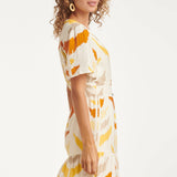 Vestido Midi com Decote V e Estampado Azteca a Laranja | White - Yellow