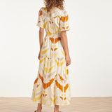 Vestido Midi com Decote V e Estampado Azteca a Laranja | White - Yellow