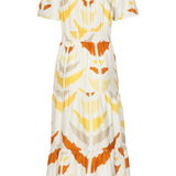 Vestido Midi com Decote V e Estampado Azteca a Laranja | White - Yellow