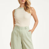 Mouwloze Rib Top Met Contrasterende Boorden | Off White - Soft Green