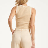 Mouwloze Rib Top Met Contrasterende Boorden | Sand - Off White
