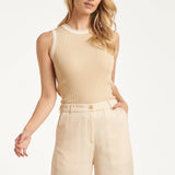 Mouwloze Rib Top Met Contrasterende Boorden | Sand - Off White