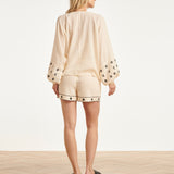 Off White Blouse Met Zwarte Borduursels En Strikkoord | Off White - Black