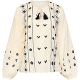 Off White Blouse Met Zwarte Borduursels En Strikkoord | Off White - Black