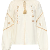 Off White Blouse Met Gouden Borduursels En Koorddetail | Off White - Sand