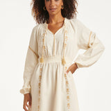 Off White Jurk Met Gouden Borduursels En Taille Elastiek | Off White - Sand
