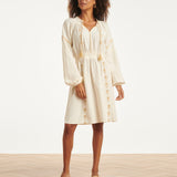 Off White Jurk Met Gouden Borduursels En Taille Elastiek | Off White - Sand
