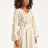 Off White Jurk Met Gouden Borduursels En Taille Elastiek | Off White - Sand