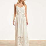 Off White Maxi Jurk Met Broderie En Ceintuur | White