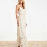 Off White Maxi Jurk Met Broderie En Ceintuur | White