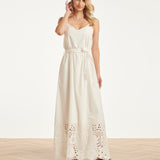 Off White Maxi Jurk Met Broderie En Ceintuur | White