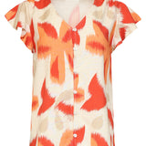 Oranje Bloe Print Blouse Met Knoopsluiting En Korte Mouwen | Sand - Muticolour