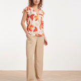 Oranje Bloe Print Blouse Met Knoopsluiting En Korte Mouwen | Sand - Muticolour