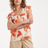 Oranje Bloe Print Blouse Met Knoopsluiting En Korte Mouwen | Sand - Muticolour