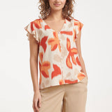 Oranje Bloe Print Blouse Met Knoopsluiting En Korte Mouwen | Sand - Muticolour