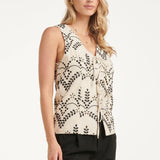 Stijlvolle Gilet Met Contrastrijk Borduurwerk En Strikdetails | Sand - Black