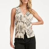 Stijlvolle Gilet Met Contrastrijk Borduurwerk En Strikdetails | Sand - Black
