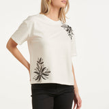 T-Shirt com Estampado Floral Luxuoso e Lantejoulas | White - Black