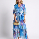 Calista | Vestido Maxi Semitransparente em Camadas com Decote em V e Cintura de Laço