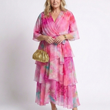 Calista | Vestido Maxi Semitransparente em Camadas com Decote em V e Cintura de Laço