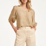 Top Met Jacquard Bloemenprint En V-Hals | Dark Sand