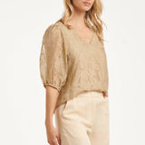 Top Met Jacquard Bloemenprint En V-Hals | Dark Sand
