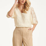 Top Met Jacquard Bloemenprint En V-Hals | Off White