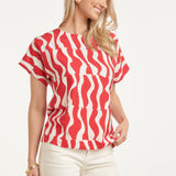Top com Mangas Curtas e Estampado Ondulado Vermelho e Branco | Red - White