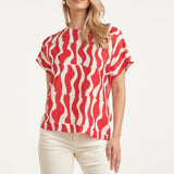 Top com Mangas Curtas e Estampado Ondulado Vermelho e Branco | Red - White