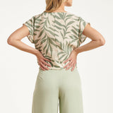 Top Met Groene Bladprint En V-Hals | Jade - Off White