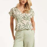 Top Met Groene Bladprint En V-Hals | Jade - Off White
