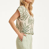 Top Met Groene Bladprint En V-Hals | Jade - Off White