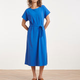Travel Midi Jurk Met Ceintuur En Korte Mouwen | Cobalt